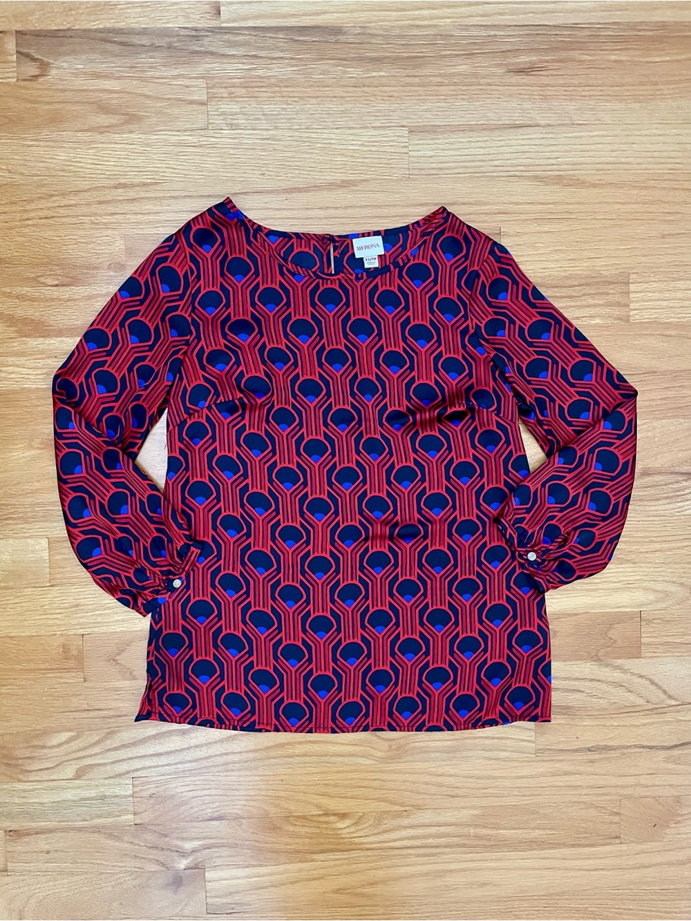 Merona Red and Navy Geometric Long-Sleeve Blouse